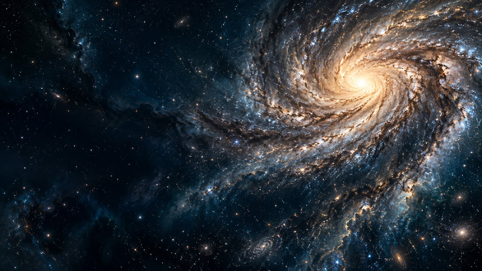 Luminous spiral galaxy and starlight woven through deep blue cosmic clouds