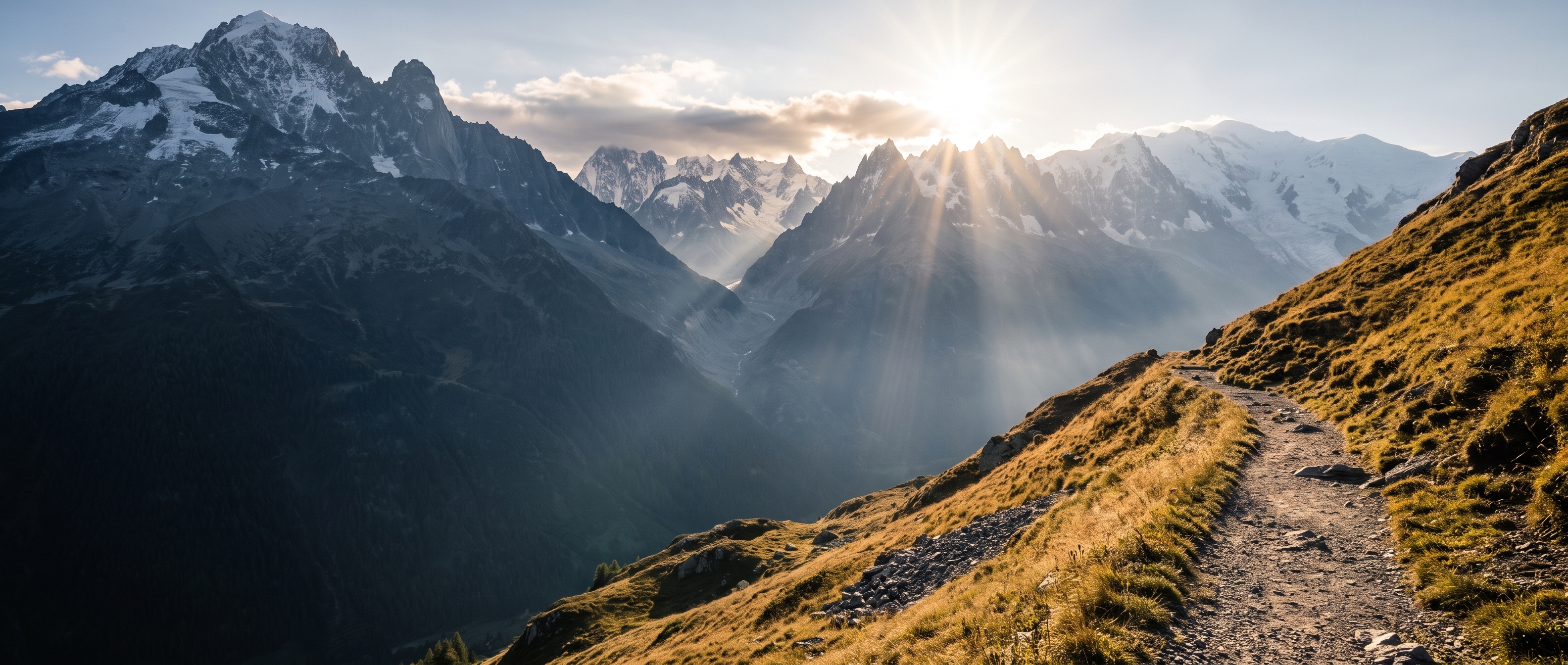 High alpine mountain sunbeams illuminating an ascending trail