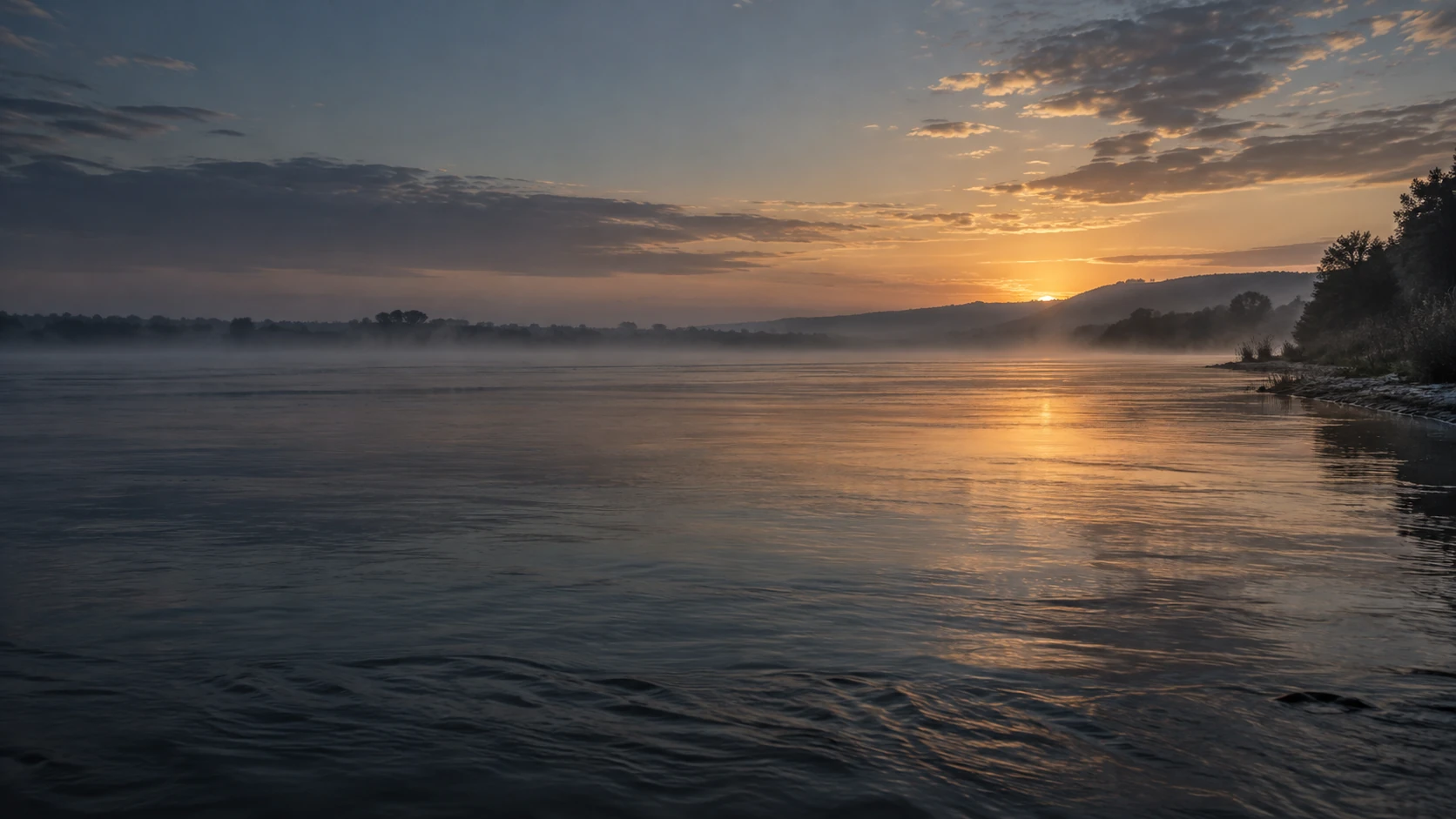 Still water at a distant shoreline as morning begins