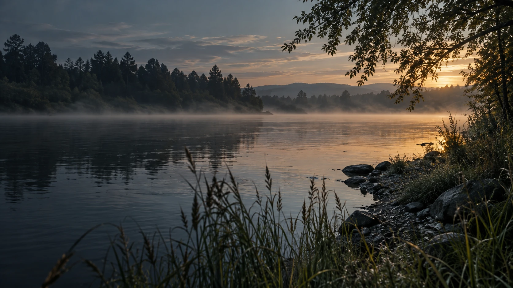 A quiet riverbank opening toward still water at first light